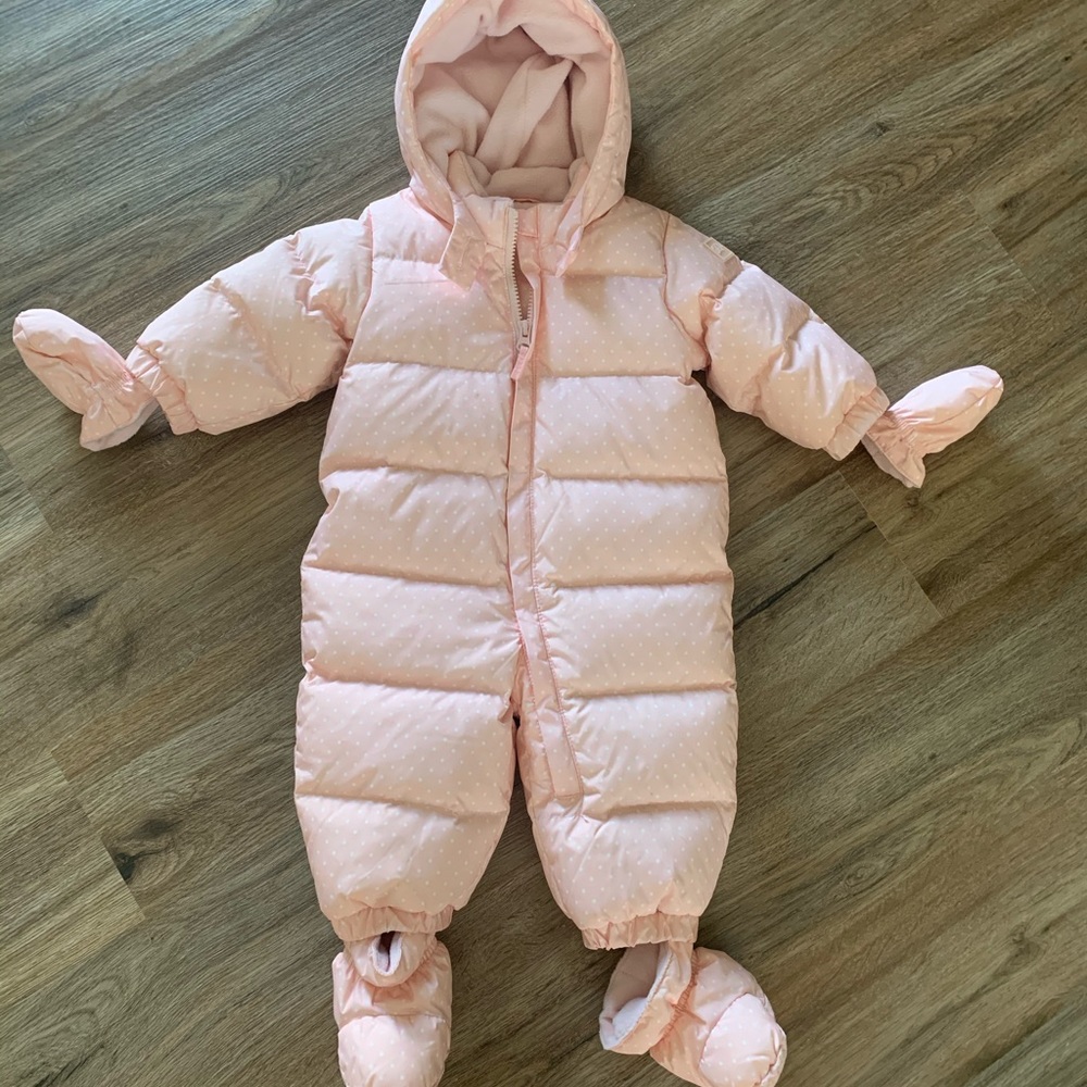 Pink Baby gap snow bib with socks and mittens